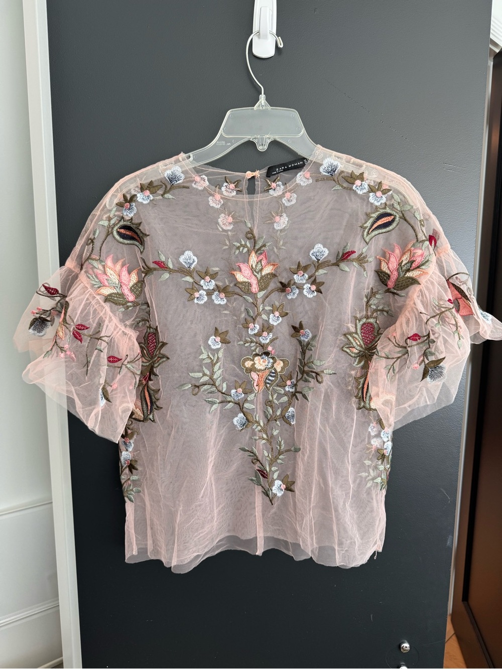 Zara Women Blush Sheer Embroidered Floral Top
